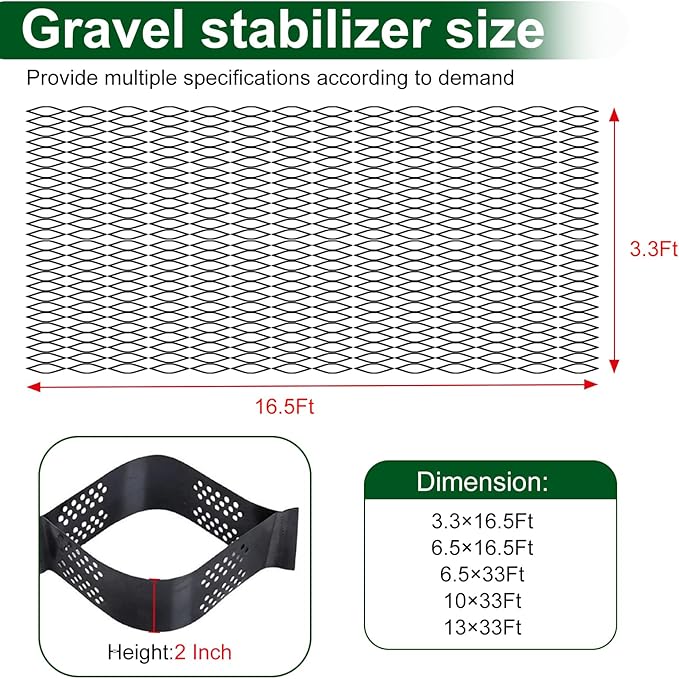 2 Inch Depth Gravel Ground Base Grid Stabilizer Mud Slope Control Driveway HDPE Material Expandable Folding Permeable Paver Honeycomb Grid for Paths,Sidewalks,ParkingLots,Gardens,Yards (10 X 33 FT)