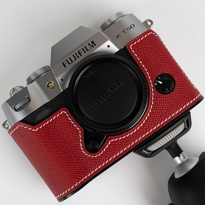 Handmade Genuine Leather Camera Half Case for Fujifilm X-T50/Fujifilm X-T50 Camera Case/Fujifilm X-T50 Case - Top Layer Cowhide Body + Metal Base Plate (China Red)
