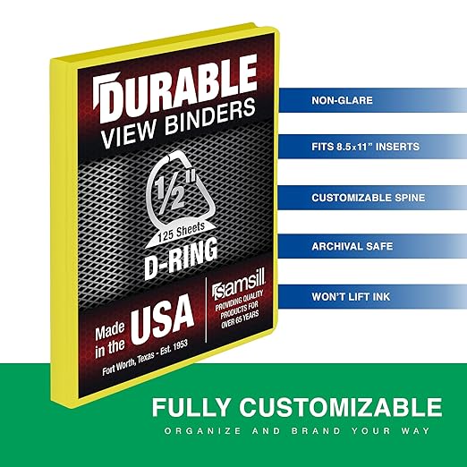 Samsill Durable 0.5 Inch Binder, Made in The USA, D Ring Binder, Customizable Clear View Cover, Lemon Yellow, Holds 125 Pages