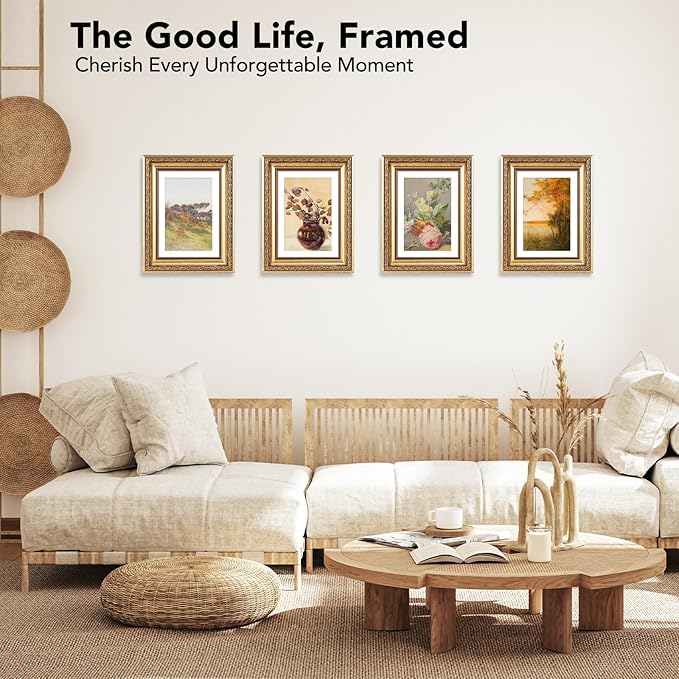 5x7 Vintage Picture Frame with 4x6 Mat Set of 2, Elegant Retro 5 by 7 Photo Frame with Shatter-Resistant Plexiglass for Wall or Tabletop Display, Gallery Decor & Gift, Gold, 2 Pack