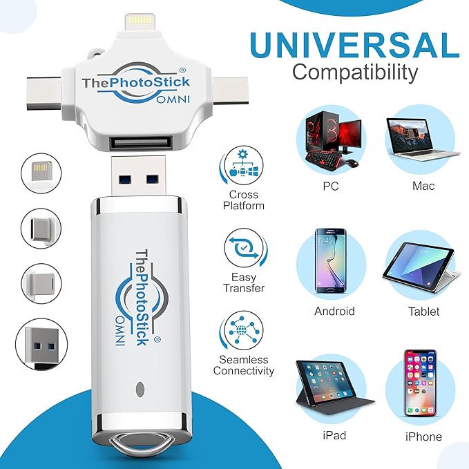 ThePhotoStick® Omni 32GB Memory Stick & USB Flash Drive – Photo & Video Backup for iPhone, Android, Mac & PC – Multiport Connection to Easily Store & Transfer Files