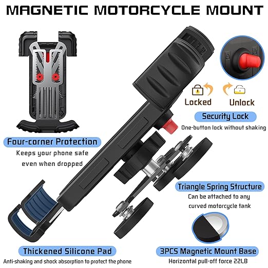 ULIBERMAGNET Magnetic Motorcycle Phone Mount,Heavy Duty Adjustable Magnetic Cell Phone Holder,Anti Shake Motorcycle Phone Mount,Compatible with Motorcycles,ATV,UTV,Golf Cart,Car,Cruises