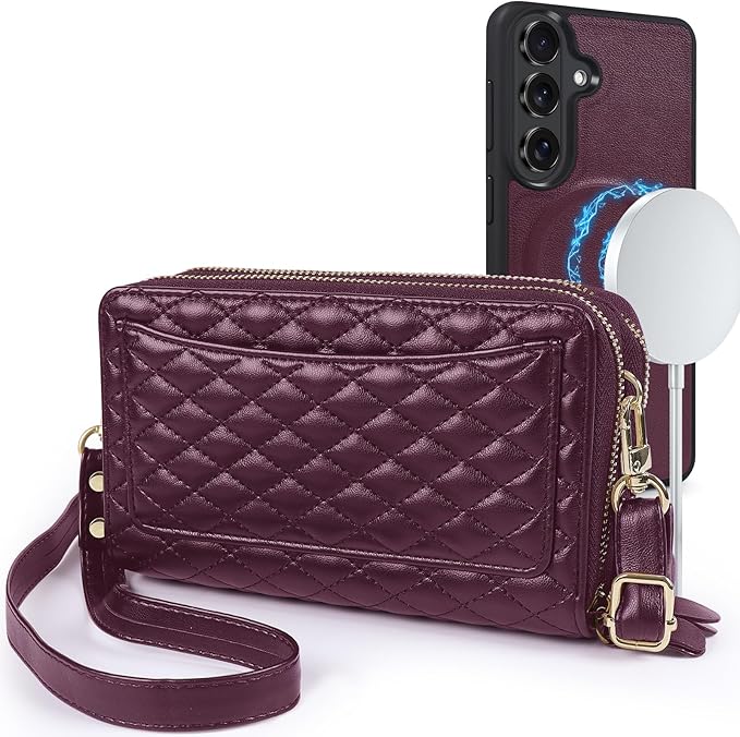 Harryshell Compatible with Samsung Galaxy S26 Case Wallet Multi Zipper Detachable Removable Cover Purse with Card Slots Holder Mirror Crossbody Strap (Compatible with Magsafe-Burgundy)