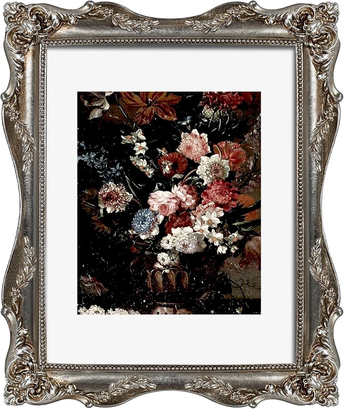 Silver Ornate 11x14 Picture Frame with Mat for 8x10 or 11x14 Photos, Real Glass, Vintage Baroque Victorian Frames for Wall Display