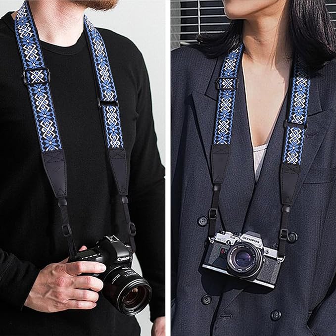 Padwa Lifestyle Adjustable Camera Strap - 1.5" Full Grain Leather Ends Camera Straps for Photographers, Adjustable Neck Shoulder & Crossbody Cotton Strap Quick Release for Cameras and Binoculars