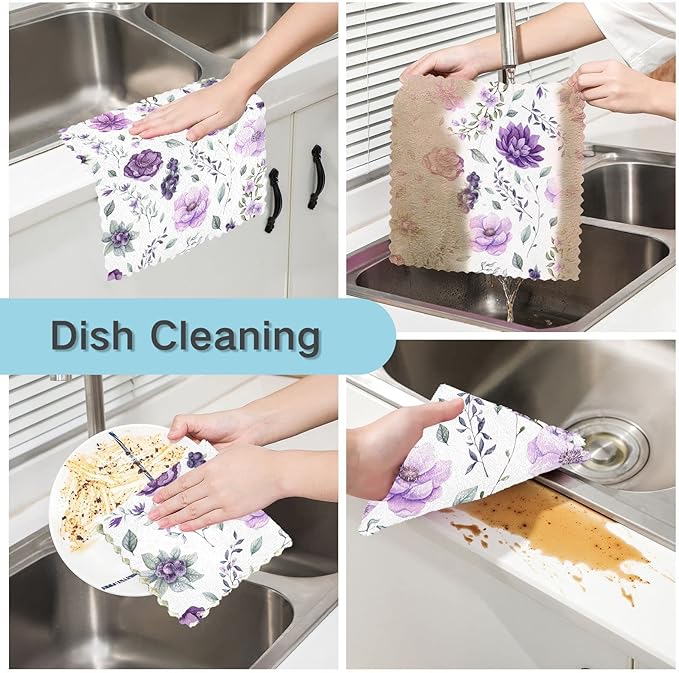 CaTaKu Purple Floral Watercolor Microfiber Cleaning Cloths Kitchen Dish Cloth Dish Rags for Washing Dishes, Reusable Dish Towels Washcloths for Kitchen Drying,6 Pack