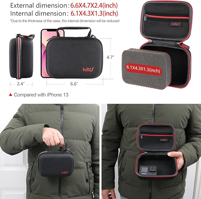 HSU Small Case for GoPro Hero 13/12/11/10/9/8/7/6/5 Black, Carrying Case for Action Cameras and GoPro Accessories(Small Size Red)