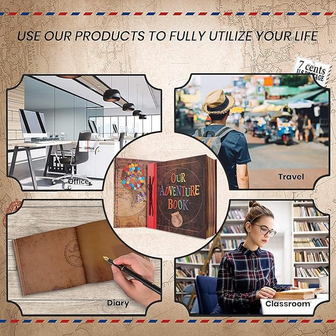 Big Size 12x12 Inch 60 Pages Scrapbook Photo Album,Our Adventure Book 3D Retro Embossed Letter Hard Cover Movie Up Travel Journal Memory Book For Couples,For Best Friend Gift