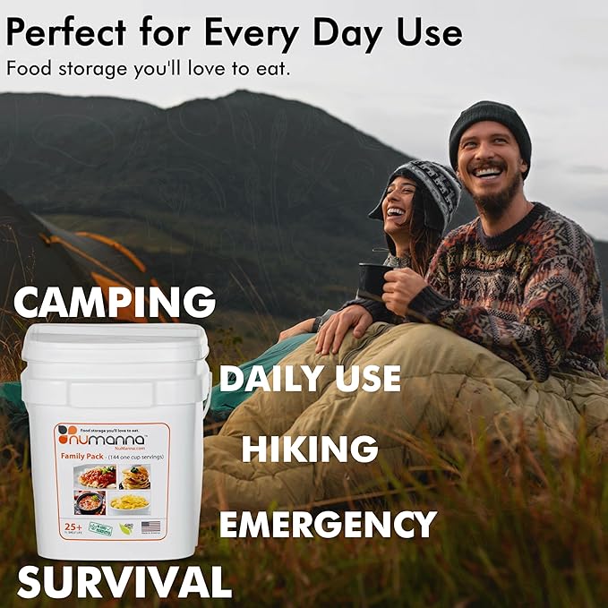 Numanna Family Pack Bucket 1,728 Servings 12-Months Emergency Meal Kit | Easy-to-Prepare, Non-GMO Freeze-Dried Survival Food | Everyday Meals in Resealable Pouches | Made in USA | 25+ Year Shelf Life