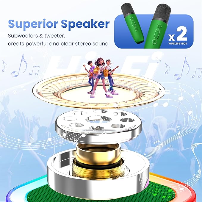 Karaoke Machine for Kids Adults, Portable Bluetooth Speaker with 2 Wireless Karaoke Microphones Player, 2026 TOP Birthday for Girls Boys 3,4,5,6,7,8+Year Old Toddler Toys(Dark Green)