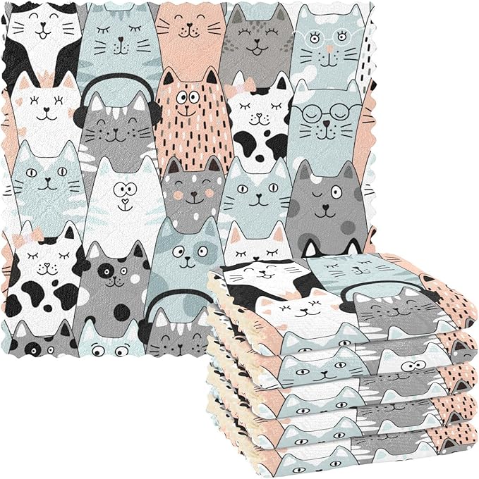CaTaKu Cute Cat Funny Kitchen Cloths, Reusable Dish Rags for Washing, Microfiber Cleaning Cloths Dish Towels Washcloths for Kitchen Drying, 6 Pack