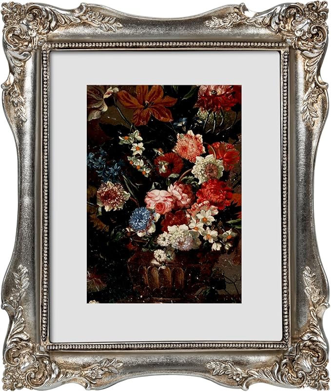 Vintage Picture Frame 8x10, Ornate Baroque Gothic Victorian Frames with Mat for 5x7 or 8x10 Photos, Tabletop or Wall Display, Antique Silver Home Decor Accent