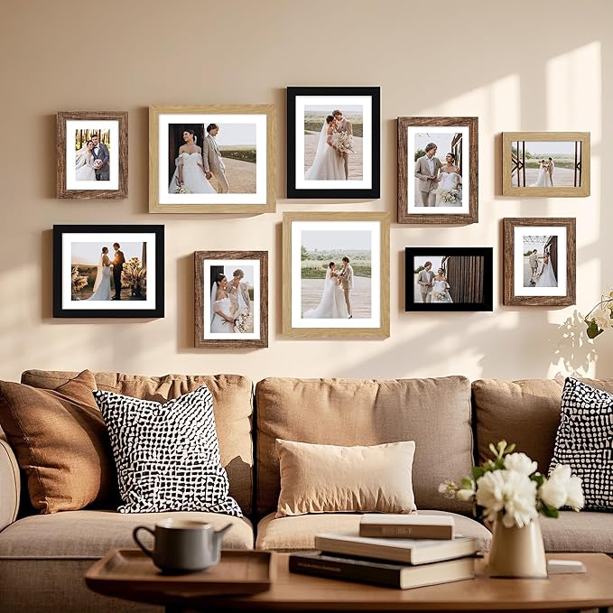 10x13 Picture Frame Set of 4, Made of Real Glass and Rustic Brown Frame, 10 by 13 Photo for Wall or Tabletop - Display Picture 8.5x11 with Mat or 10x13 Without Mat