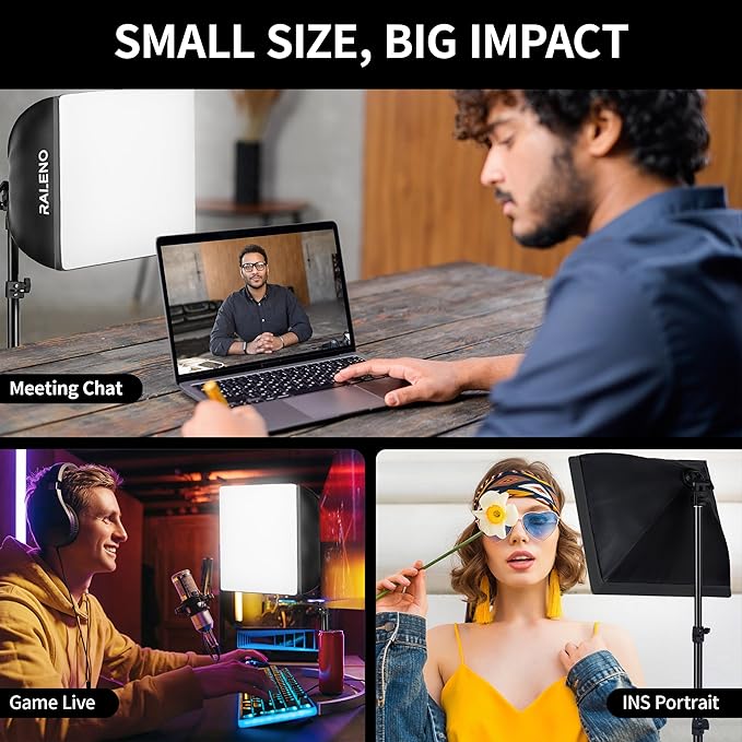 RALENO Softbox Photography Lighting Kit, 16'' x 16'' Softbox Lighting for TikTok with LED Bulb (50W | 5500K | 97 CRI | TLCI≥97), Continuous Light for Video Recording & Photography Shooting
