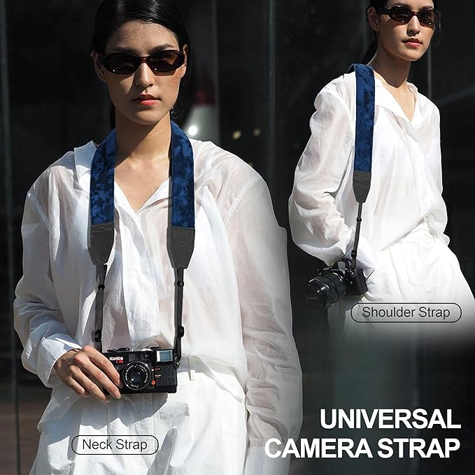 Padwa Lifestyle Dark Navy Blue Velvet Camera Strap - 2" Double Layer Full Grain Cowhide Leather Head Camera Straps for Photographers,Unique Soft Velvet Fabric with Quick Release fits all Cameras