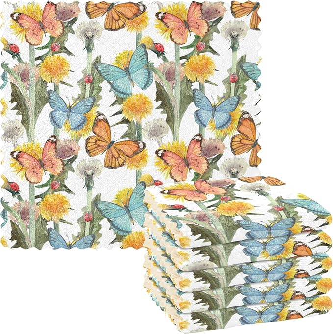 CaTaKu Wild Flower Butterfly Kitchen Towel Set of 6 Reusable Cleaning Cloths Bar Hand Towel Dishcloths