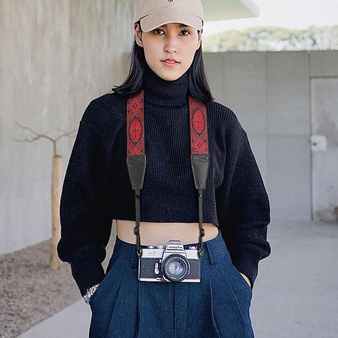 Padwa Lifestyle Camera Strap - 2" Full Grain Leather Ends Camera Straps for Photographers, Vintage Red Embroidered Cotton Weave Soft Suede Fabric Padded Strap Quick Release fits All Cameras