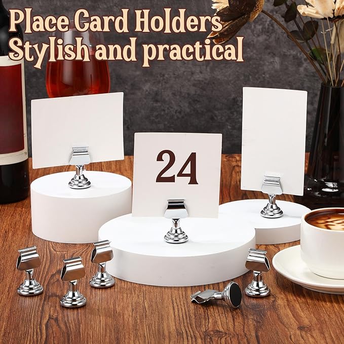 Kathfly 24 Pcs Metal Table Number Holders 1.7 Inch Silver Mini Place Card Holders Bulk Harp-clip Table Sign Stands Card Holder Display Picture Memo Notes Menu for Weddings Restaurants Birthday Decor