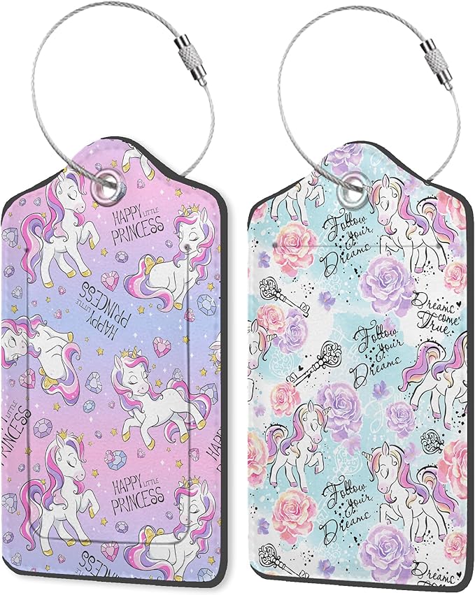 Art Watercolor Unicorns 2 Pack PU Leather Luggage Tags with Stainless Steel Loop, Funny Travel Labels with Privacy Cover ID Label for Quick Spotting