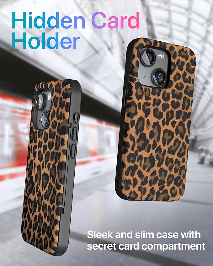 TORU for iPhone 15 Wallet Case with Card Holder, Hidden ID Credit Card Slot Flip Kickstand, Slim Fit Shockproof Heavy Duty Phone Cover with Strap - Leopard Pattern