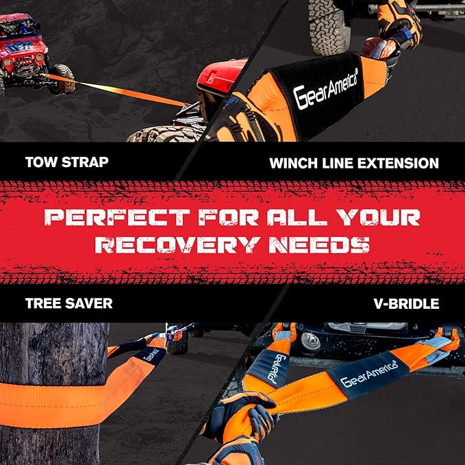 GearAmerica Off Road Recovery Kit, 9 Ton, Includes Tow Strap, Tree Saver, Snatch Block Pulley, D-Ring Shackles, Winch Line Dampener Bag, Gloves - Off Road Recovery Gear, 4x4, Black