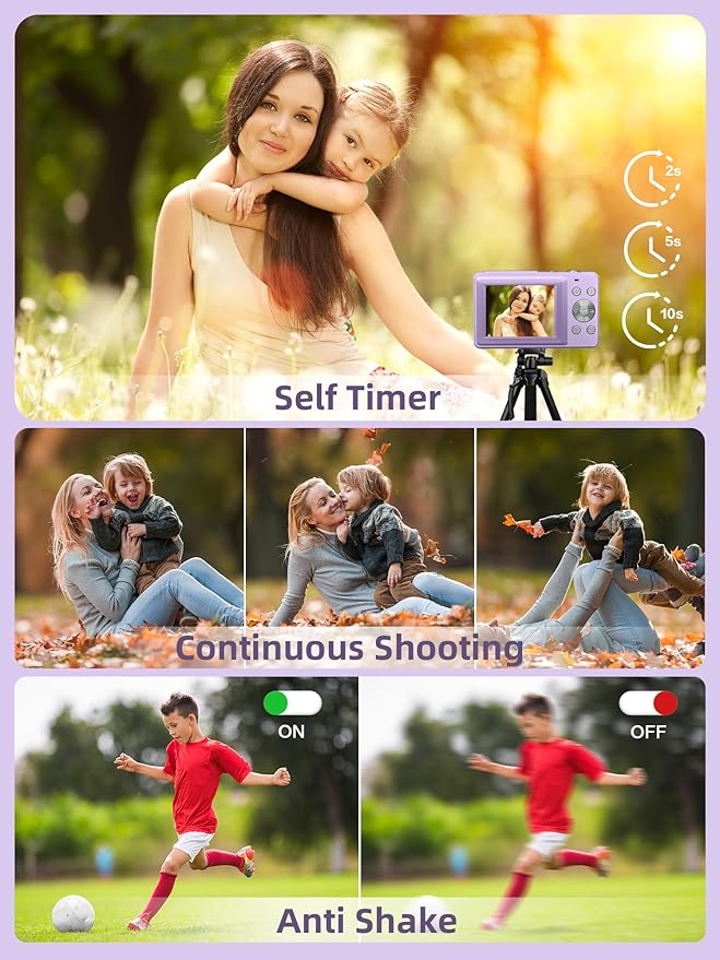 Digital Camera FHD 1080P, Camkory Point and Shoot Digital Cameras with 16X Zoom Anti Shake, 32GB Card, Compact Small Camera for Boys Girls Kids, Purple