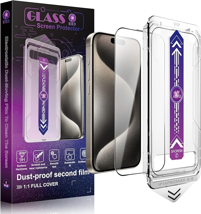 SHANG PIN JIA 2 Pack Screen Protector Tempered Glass for iPhone 16 Pro Max 6.9-Inch Auto Dust Removal, No Bubbles, High Definition Clear, Easy Installation