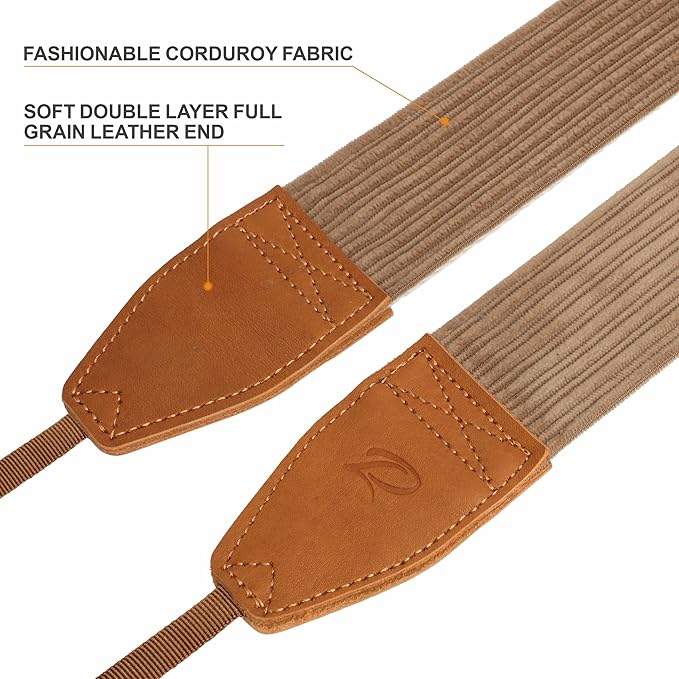 Padwa Lifestyle Camel Corduroy Camera Strap - 2" Double Layer Full Grain Cowhide Leather Head Camera Straps for Photographers, Unique Soft Corduroy Fabric with Quick Release fits all Cameras