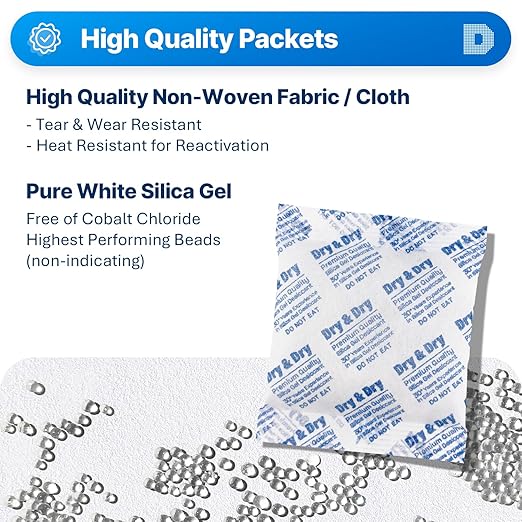 Dry & Dry 100 Gram [20 Packets] Silica Gel Packets Desiccants, Silica Packets - Rechargeable Silica Gel Packs, Desiccants Packets, Silica Gel