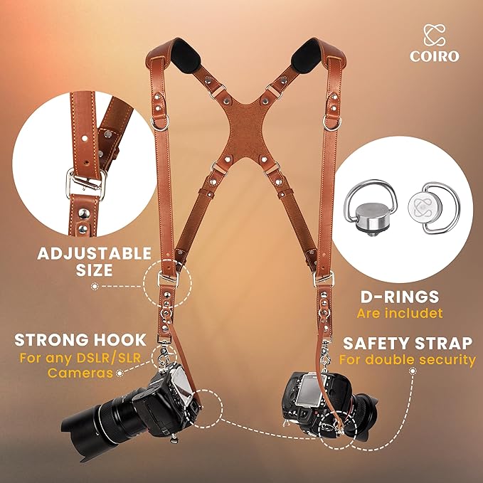 C Coiro Camera Harness for 2 Cameras Dual Shoulder Leather Camera Strap for DSLR/SLR, Camera Straps for Photographers