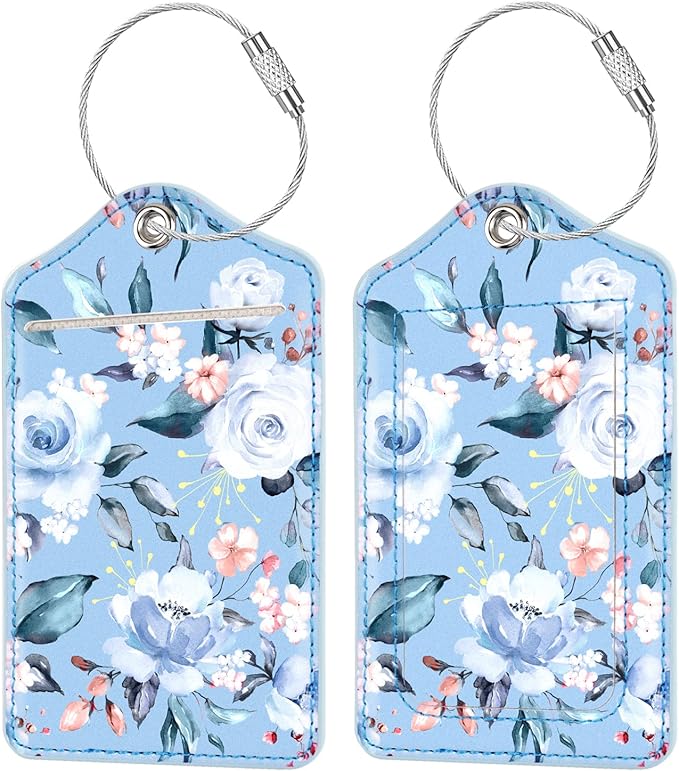 (Set of 2) Luggage Tag Leather Privacy Cover ID Label Address Card with Stainless Steel Loop, Travel Bag Tags Suitcase Labels, Blue Flower