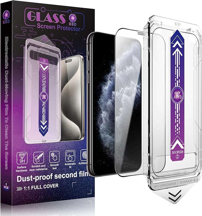 SHANG PIN JIA 2 Pack Screen Protector Tempered Glass for iPhone 11 Pro Max and iPhone Xs Max 6.5-Inch Auto Dust Removal, No Bubbles, High Definition Clear, Easy Installation