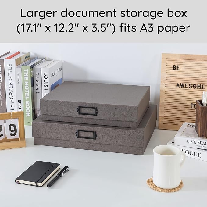 Soul & Lane Decorative Storage Boxes with Lids - Set of 2, Legal Size and A3 Document Boxes for Art and Scrapbooks with Metal Label Holder, Cardboard Photo Storage for Keepsakes & Memories, Gray