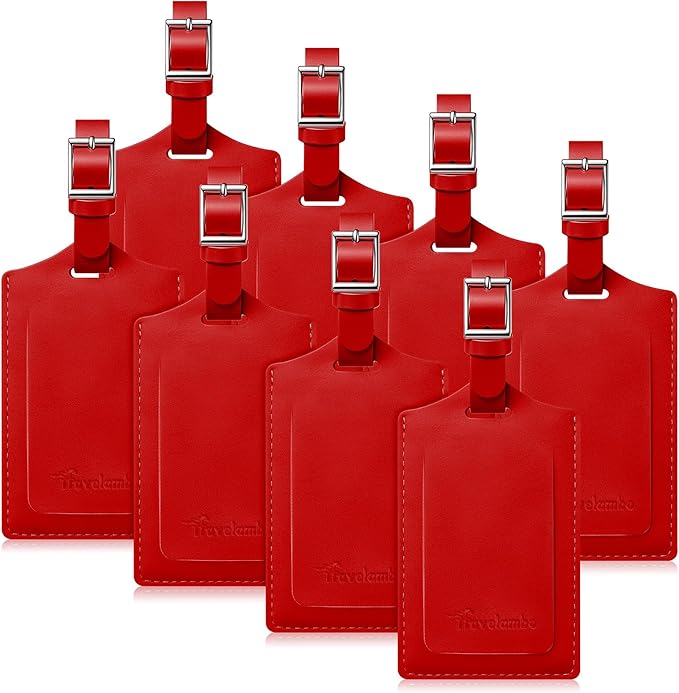 Travelambo 8 Pack Luggage Tags Faux Leather for Suitcases Travel Bag Labels Travel Accessories Essential with Protection Cover ID (Red Deep)