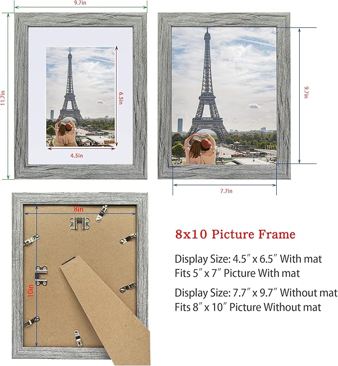 8x10 Picture Frame Set of 4, Made of Real Glass and Grey Wooden Frame, 8 by 10 Photo for Wall or Tabletop - Display Picture 5x7 with Mat or 8x10 Without Mat