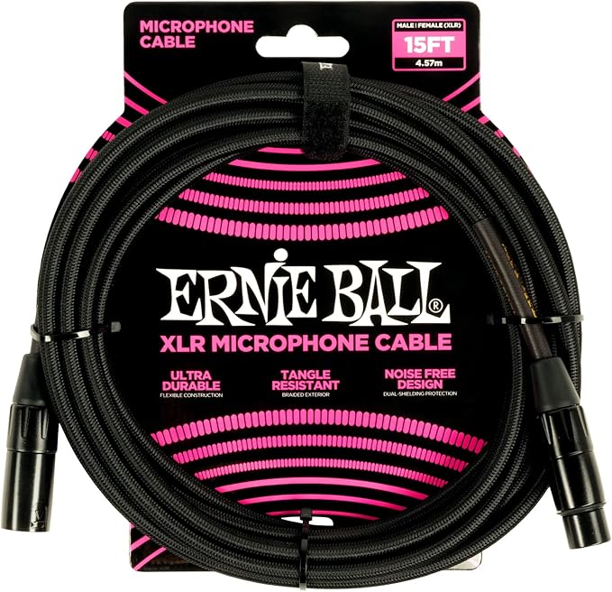 Ernie Ball Braided XLR Mircrophone Cable, 15ft, Black (P06391)