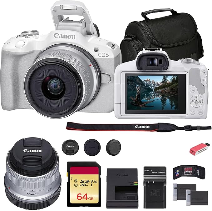 Canon EOS R50 Mirrorless Camera with 18-45mm Lens (White) (5812C012) + 64GB Memory Card + Bag + Charger + LPE17 Battery + Card Reader + Memory Wallet + Cleaning Kit
