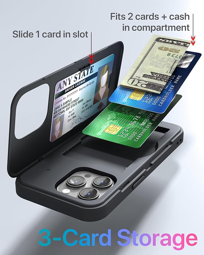 TORU for iPhone 15 Pro Wallet Case with Card Holder, Hidden ID Credit Card Slot Flip Kickstand, Slim Fit Shockproof Heavy Duty Phone Cover with Strap - Black