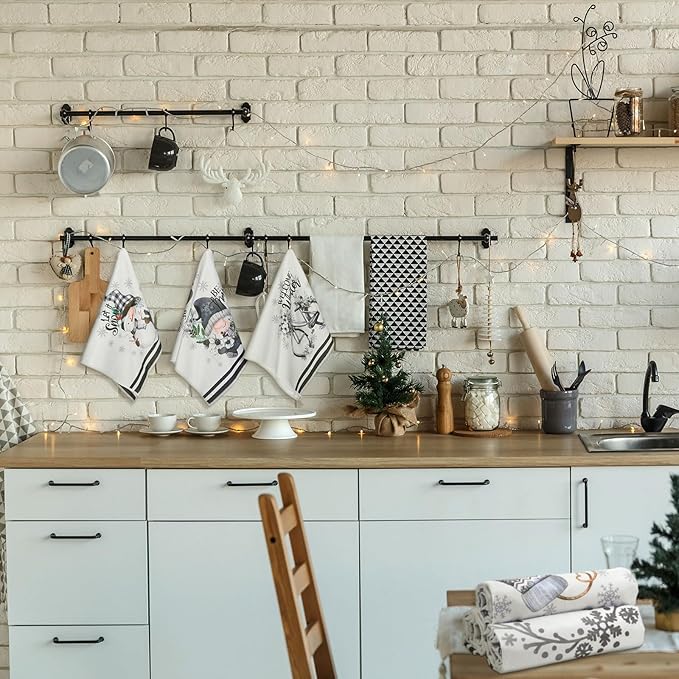 Preboun 6 Pcs Hello Winter Kitchen Towels Snowman Gnome Dish Snowflake Tea Christmas Hand Drying Towels Baking Cooking Cloth for Kitchen Bathroom Decor