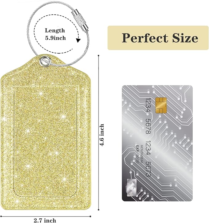 (Set of 2) Luggage Tag Leather Privacy Cover ID Label Address Card with Stainless Steel Loop, Travel Bag Tags Suitcase Labels, Glitter Gold