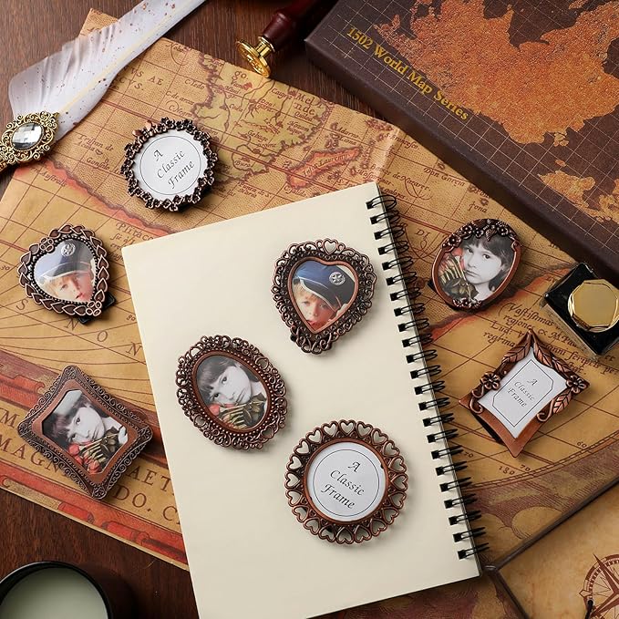 Qunclay 8 Pcs 1"x1" Mini Vintage Picture Frame Tiny Metal Picture Frames Antique Mini Frame Wallet for Christmas Tabletop and Wall Display Old Fashioned Photo Gallery Art Decor
