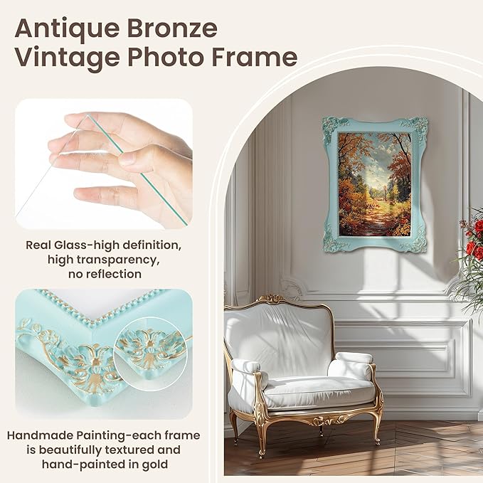 Axeman Vintage Blue Picture Frames 4x6 | Antique 4x6 Picture Frame with Real Glass | Ornate Picture Frames 4 x 6 for Wall & Tabletop Display | Retro 4 x 6 Photo Frame Blue Gold