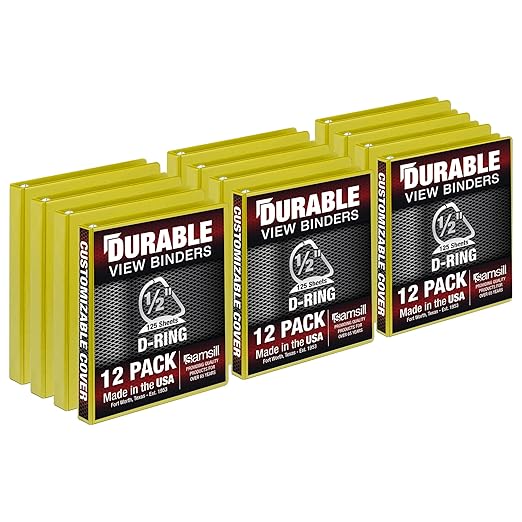 Samsill Durable 0.5 inch 3 Ring Binder, Made in USA, D Ring Binder,FSC 100% Recycled Chipboard, Yellow, 12 Pack
