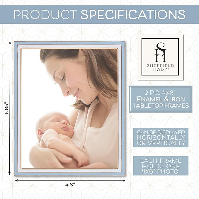 Sheffield Home Tabletop Picture Frame – Iron Enamel Decorative Display Frame for Home or Office, 4x6 Inch, White and Blue