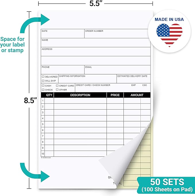 321Done Blank Sales Form Pad, 5.5x8.5 Small 2-Part Carbonless, Made in USA, Carbon Copy Generic Receipt Purchase Order Notebook for Small Business (50 Sets) White/Yellow, Heavyweight Paper