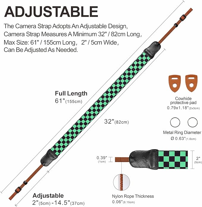 Padwa Lifestyle Green Black Plaid Camera Strap - 2" Wide Double Layer Cowhide Head,Cotton Camera Straps for Photographers,Grid Pattern Adjustable Camera Shoulder Neck Strap for All DSLR Cameras