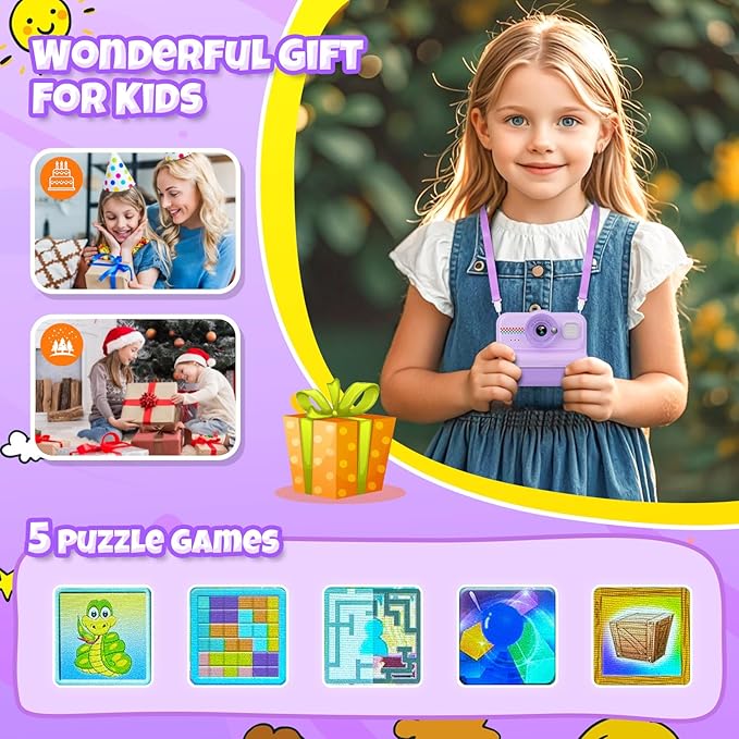 HiMont Kids Camera Instant Print, 1080P HD Instant Print Camera for Kids with 3 Rolls Print Paper & 32GB Card, Selfie Digital Camera for Kid, Ideal Kid Toys Gifts for Boys & Girls Age 3-14 (Purple)
