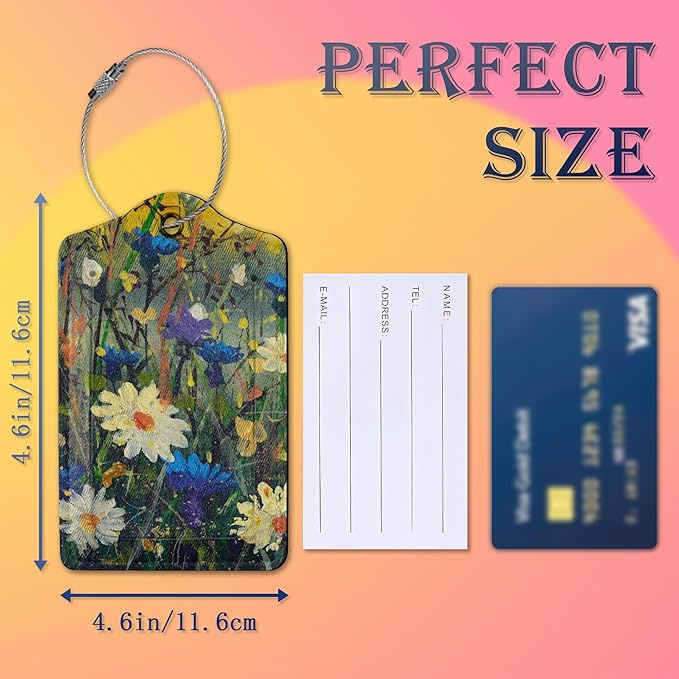2 Pack Luggage Tags for Suitcases,White Daisies Flower Blue Cornflowers Leather Cruise Suitcases Tag with Stainless Steel Loop Privacy Cover Travel Bag Tags Luggage Identifiers for Women Girl Suitcase