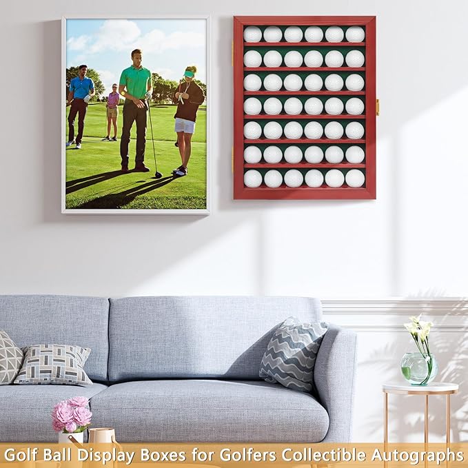 Golf Ball Display Case, Solid Wood Golf Ball Holder, Wall Mounted Golf Ball Rack with Acrylic Door for Golf Enthusiasts (Mahogany, for 42 Golf Balls)