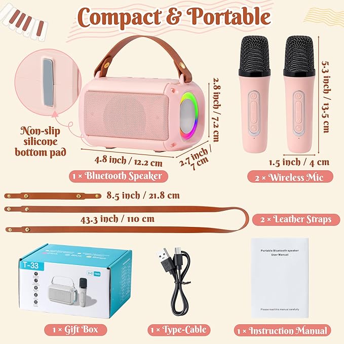 MALLMALL6 Mini Karaoke Machine with 2 Wireless Microphone for Kids Portable Bluetooth 5.3 Karaoke Mic LED Color Lights Speaker Christmas Birthday Family Home Party Toys Gift for Boys Girls Pink